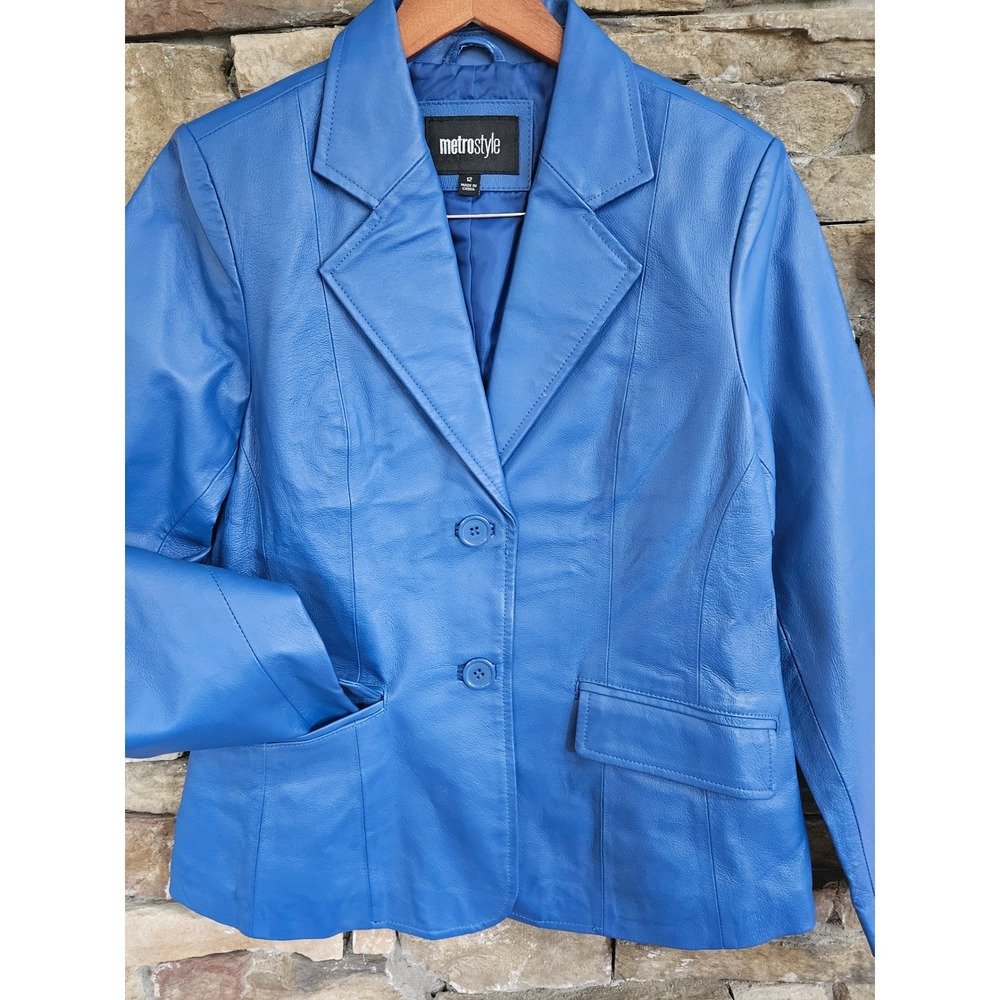 VTG Mobwife Retro Power Metrostyle Blue Leather Blazer Size 12 Two Button
